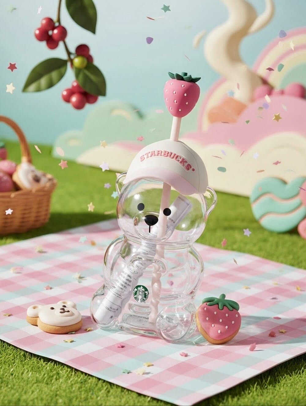 Starbucks Pink Drink Barist Bear Tumbler with Pink Strawberry Straw and Pink Cap